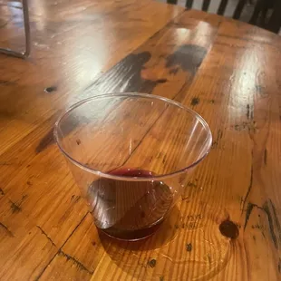 Wine in a plastic cup. No glasses available