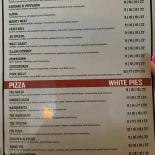 Pizza menu