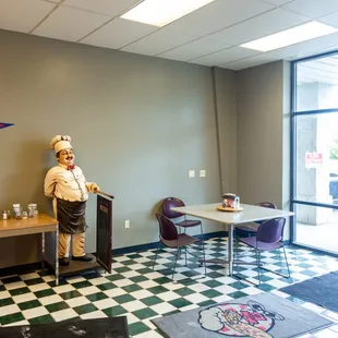 a restaurant with a checkered floor