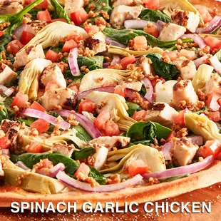  pizza with spinach, artichoke, tomatoes, and chicken