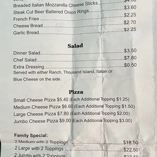 Menu (10/22/23): Appetizers, Salad, &amp; Pizza