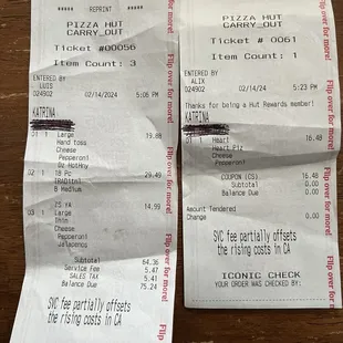 a receipt and a receipt for a pizza