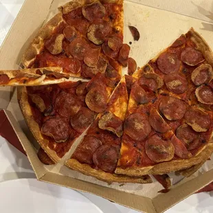 Medium pepperoni pizza thin crust, no cheese.