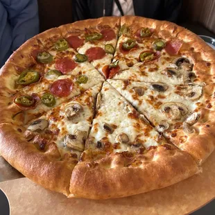 No sauce, stuffed crust jalapeño and pepperoni and just mushrooms