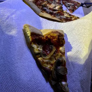 Large 3 topping pizza with mushrooms, red onions, and pepperoni with hand tossed crust