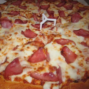 They did not skimp on the cheese this time. It was very cheesy for just a regular, large one topping. Paid the $7.50 special.