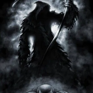 a black and white drawing of a grimn grimn grimn grimn, grimn tattoo, grimn art,