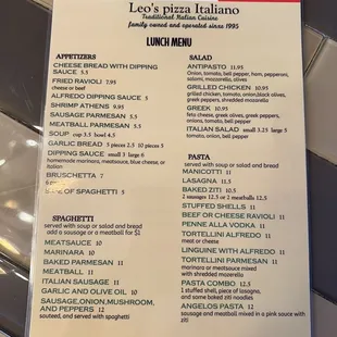the menu of the restaurant