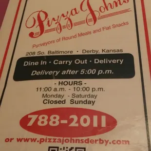 a menu for pizza john&apos;s