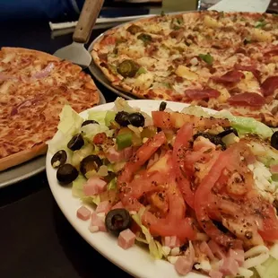 Sara Salad, shareable size. Medium bbq chicken, shareable. Giant half supreme plus jalapeños/pineapple and half beef/pepperoni/bacon pieces.