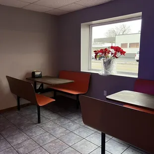 a table and chairs in a restaurant
