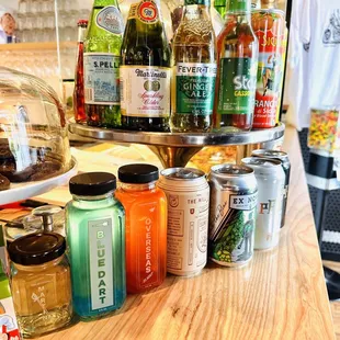 a variety of drinks and condiments