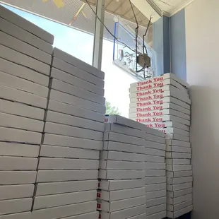 Stacked pizza boxes