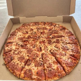 Extra large pepperoni pizza.