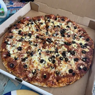 Pepperoni, olive, and feta.