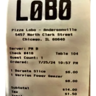 Borgata Slice &amp; Draft Beer 15.50$ Total @ Pizza Lobo Andersonville. 5457 N Clark St, Chicago, IL Pizza Cocktails Beers . Cool.