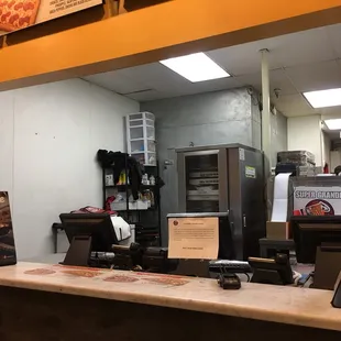 a view of a counter in a restaurant