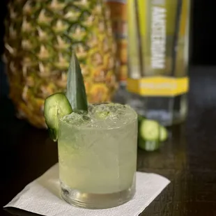 Lounge Crush: Pineapple Vodka, Triple Secmuddled cucumbers, Lemon Juice.