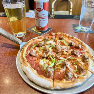 Green Belt Premium lager,  small pizza Lucé with no cheese. Add green peppers.