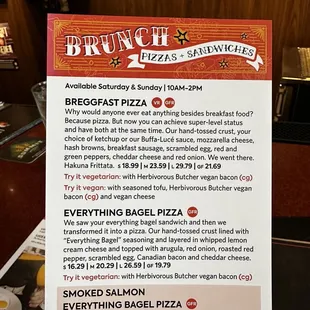 a menu for brunch and pizzas