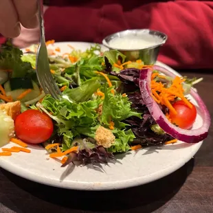 a person eating a salad with a fork