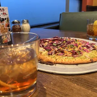 Whiskey Wednesday! Here is a pair of Old Fashioneds and an el Guapo seasonal pizza on a gluten friendly crust.
