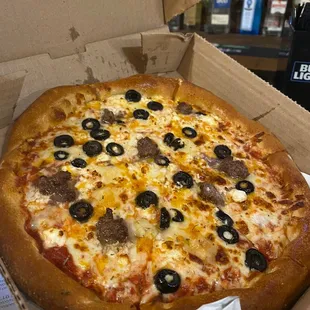 Remixed Quattro pizza with ground beef and black olives!