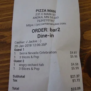 Final tab - lunch for 2 including two bar drinks.