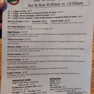 Breakfast menu on Saturday and Sunday morning