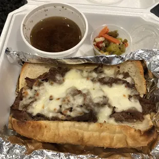 04/06/2021 - Our Authentic Italian Beef w/ Giardiniera $7.50 w/ cheese added $0.75.  Love the peppers &amp; dip. So Ono!