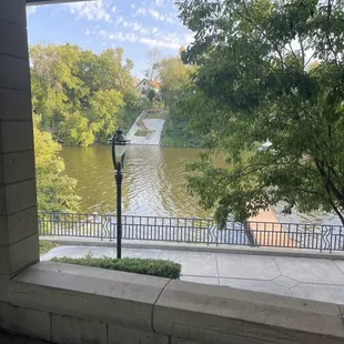 The restaurant sits next to the Milwaukee river. This is the parking structure, easy and easy out