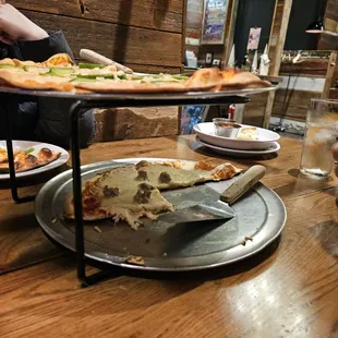 We had two pizzas; cheese and sausage and cheese, onion and green pepper.