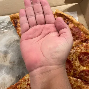 a hand holding a slice of pizza