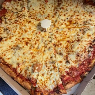 a cheese pizza in a box
