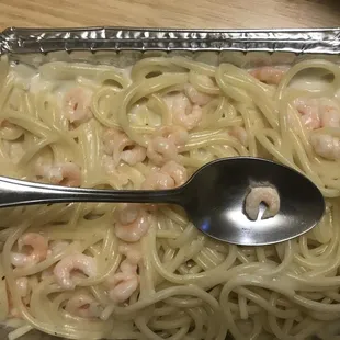 Pathetic "fettuccine" Alfredo with the saddest shrimp ever