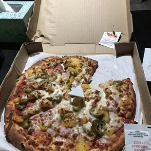 Medium Pizza with 3 Toppings - Ham, Pineapple, and Jalapeños.