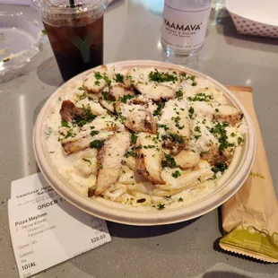 Penne Alfredo with chicken. Decent.
