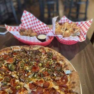 1/2 Pepperoni 1/2 Hot Honey Drizzle, chicken wings, breadsticks.