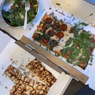 We got a Mista Salad, barbecue pizza, arugula &amp; prosciutto, and pepperoni with fresh basil.