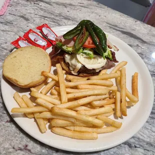 a plate of french fries and a burger