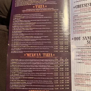 a menu for a pizza restaurant