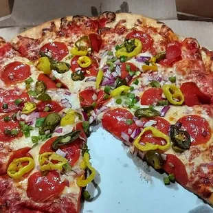 pepperoni, onions, bell peppers, banana peppers and jalapenos. Fantastic? makes me very happy.