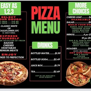 a pizza menu with prices
