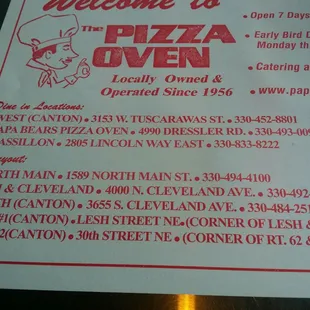 the menu for the pizza oven