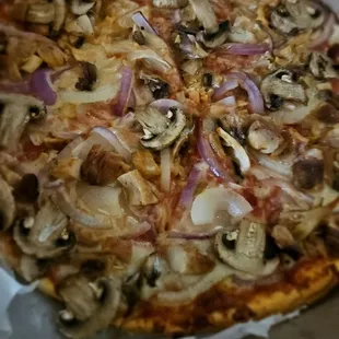 Lunch special! Small onion, mushroom, chicken pizza. Thanks Mr. Brian!