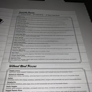 the menu for the pizza