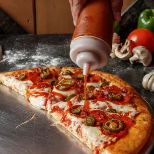 PB&amp;J wMangoHabañero Pepperoni, Bacon, Jalapeños with Mango Habañero Sauce on top