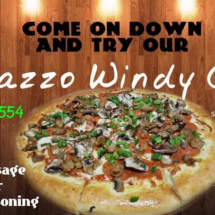 This is our Windy City Pizza pepperoni, Italian sausage, mushrooms, bell peppers and Italian seasoning.