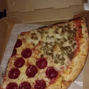 My yummy pizza slices, one pepperoni and one sausage