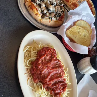 Spaghetti and Meat Sauce, 8" Pizza, Garlic Bread